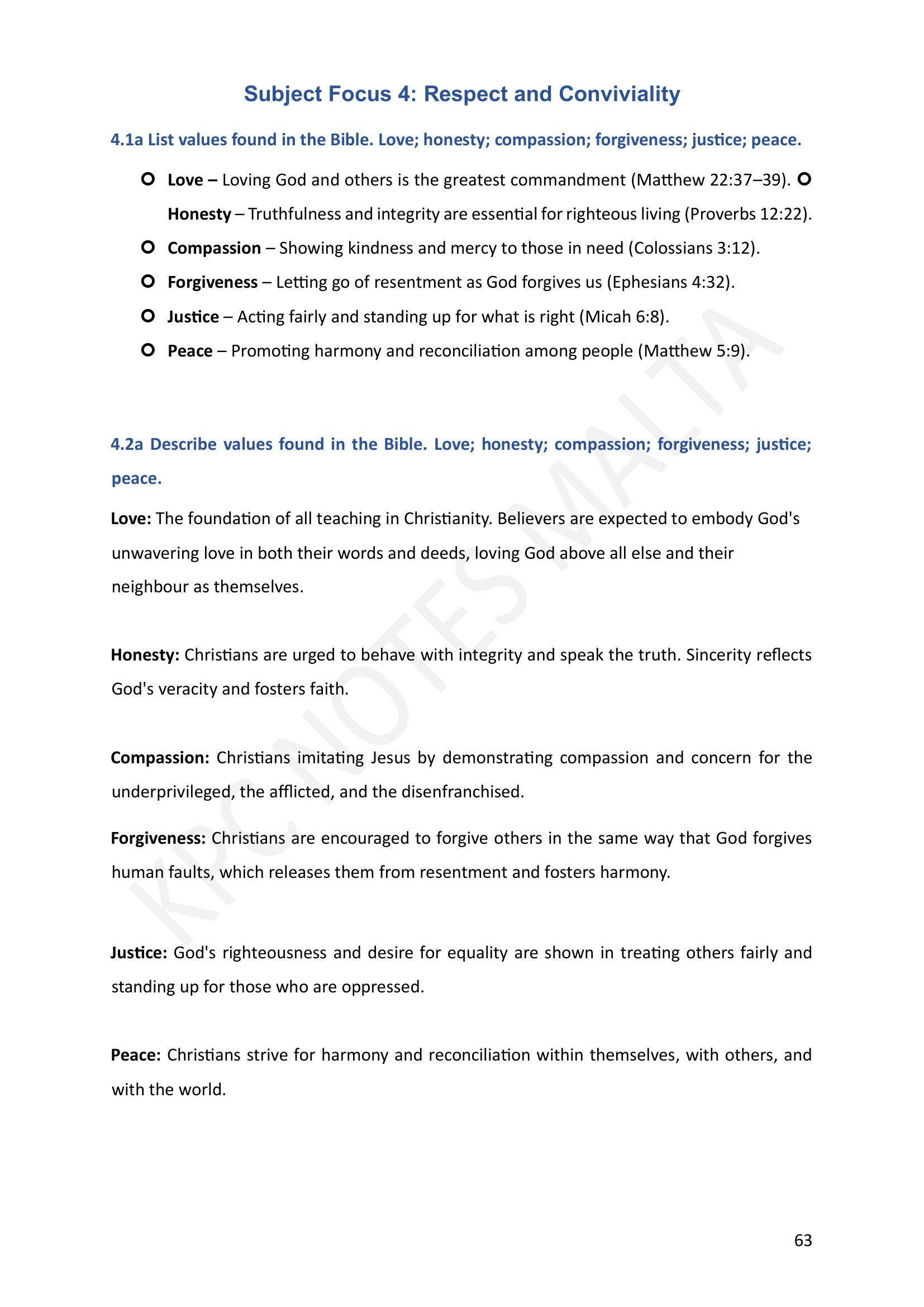 Year 9: Respect and Conviviality, biblical values with chapter and verse (page 63)