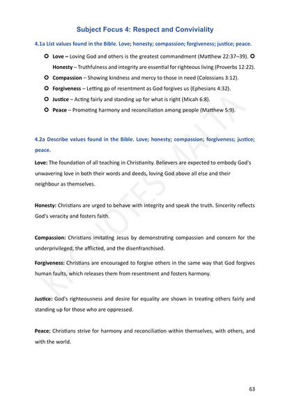 Year 9: Respect and Conviviality, biblical values with chapter and verse (page 63)
