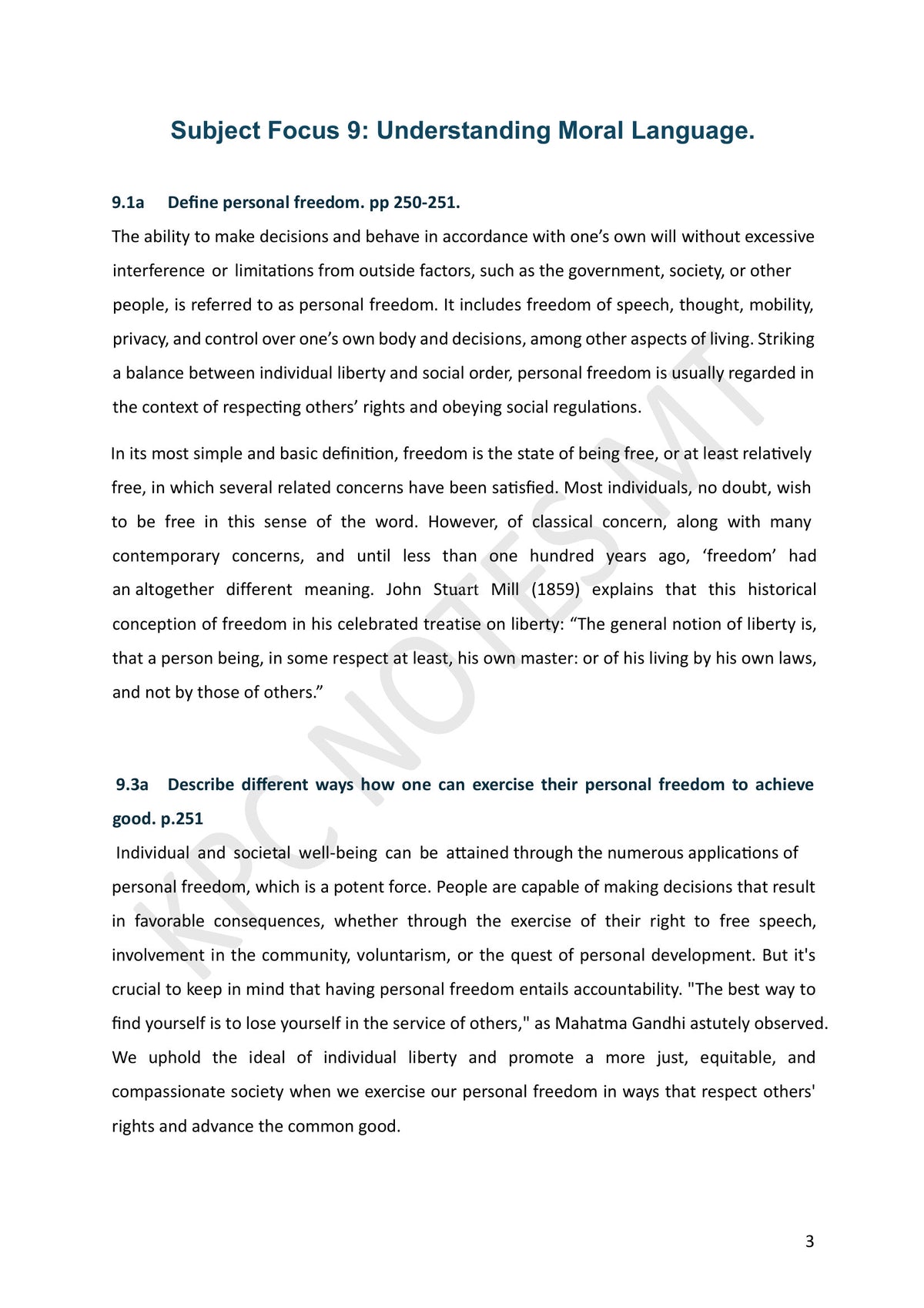 Year 11: Understanding Moral Language, personal freedom defined (page 3)