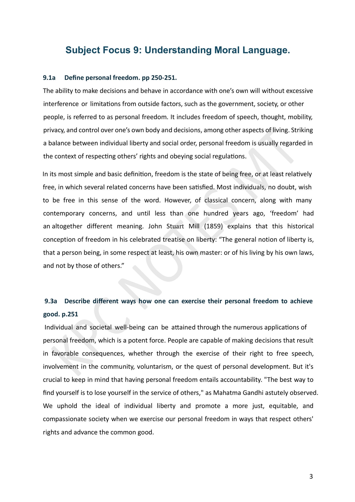 Year 11: Understanding Moral Language, personal freedom defined (page 3)