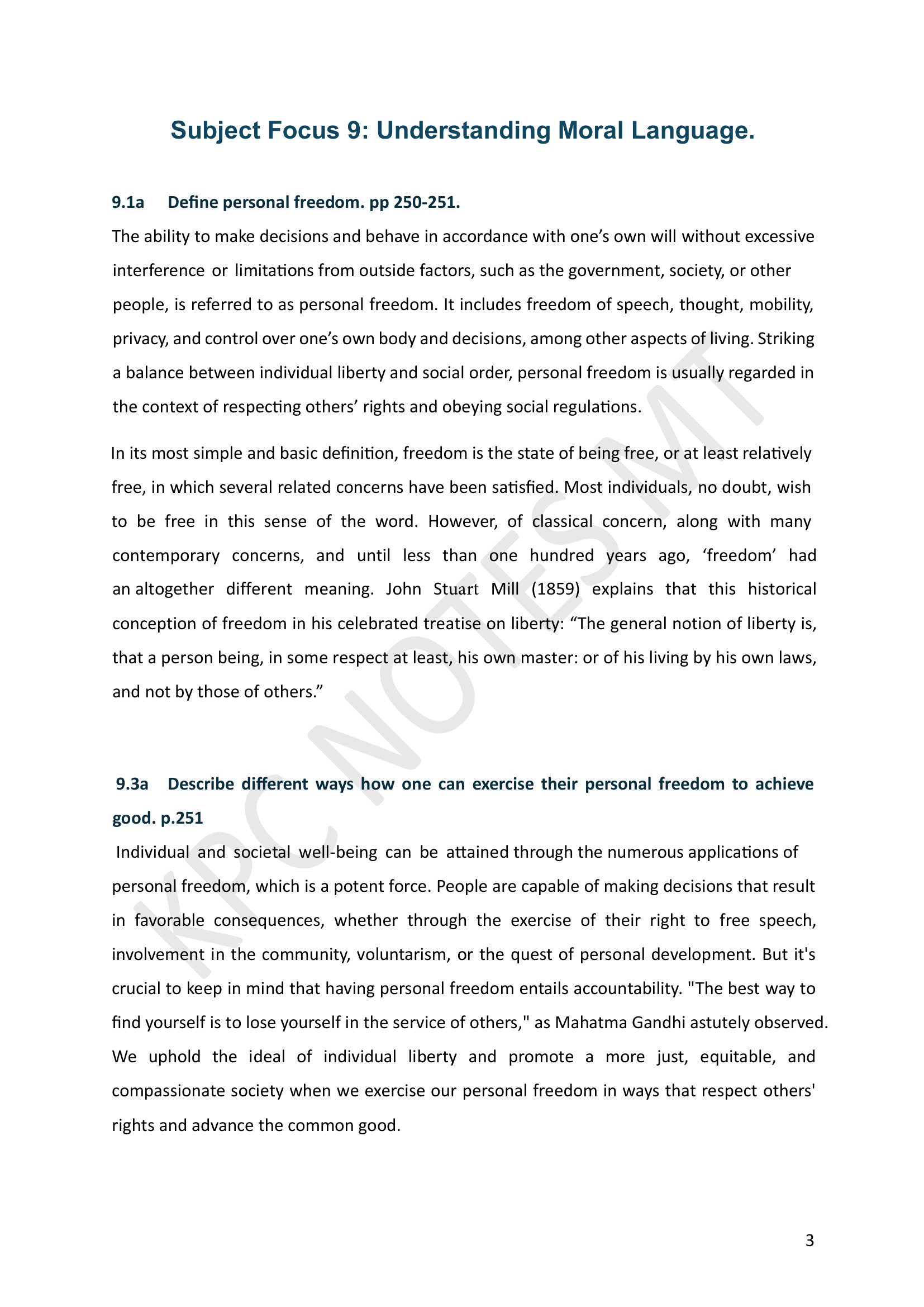 Year 11: Understanding Moral Language, personal freedom defined (page 3)