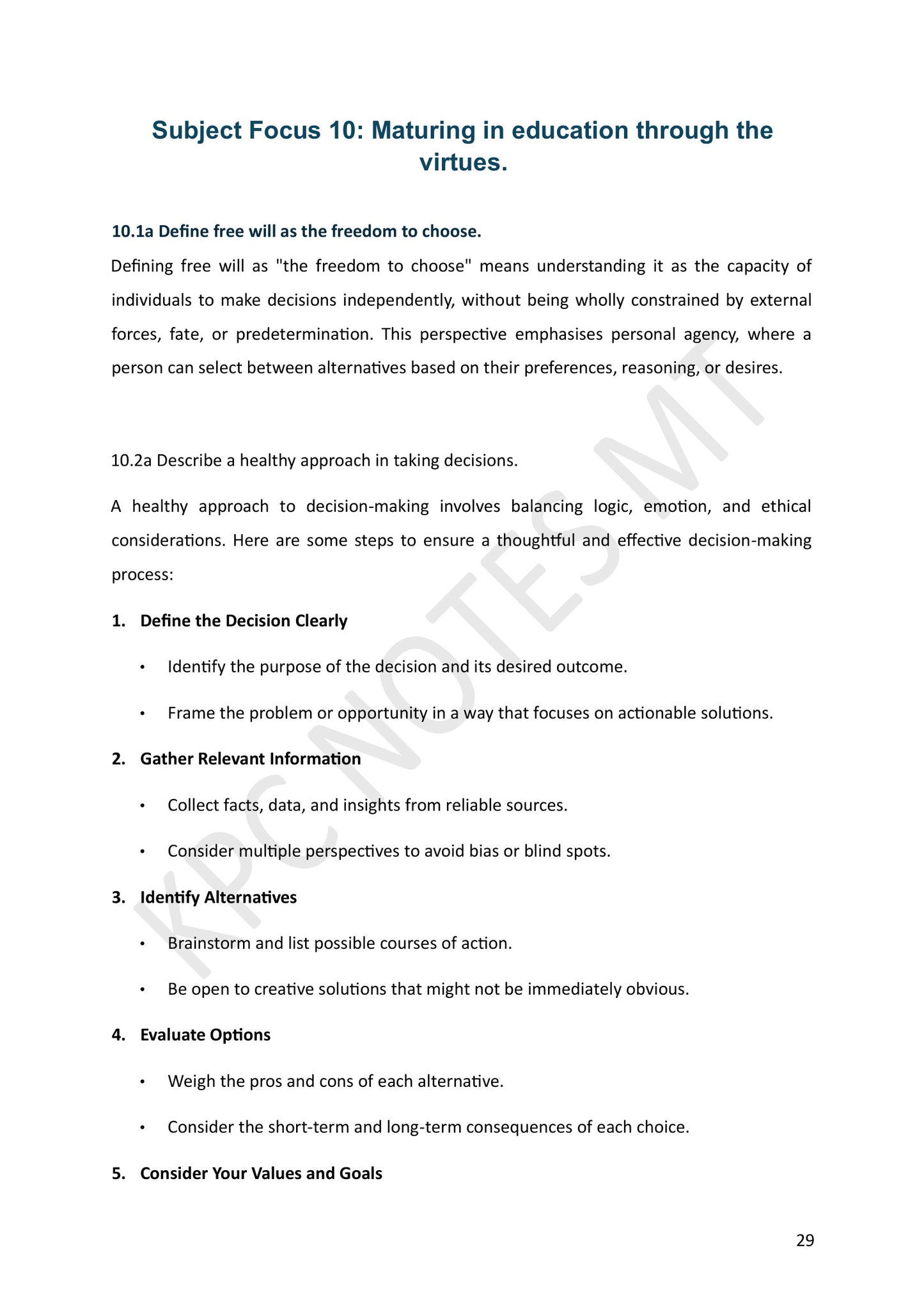 Year 11: Maturing in Education through the Virtues, free will (page 29)