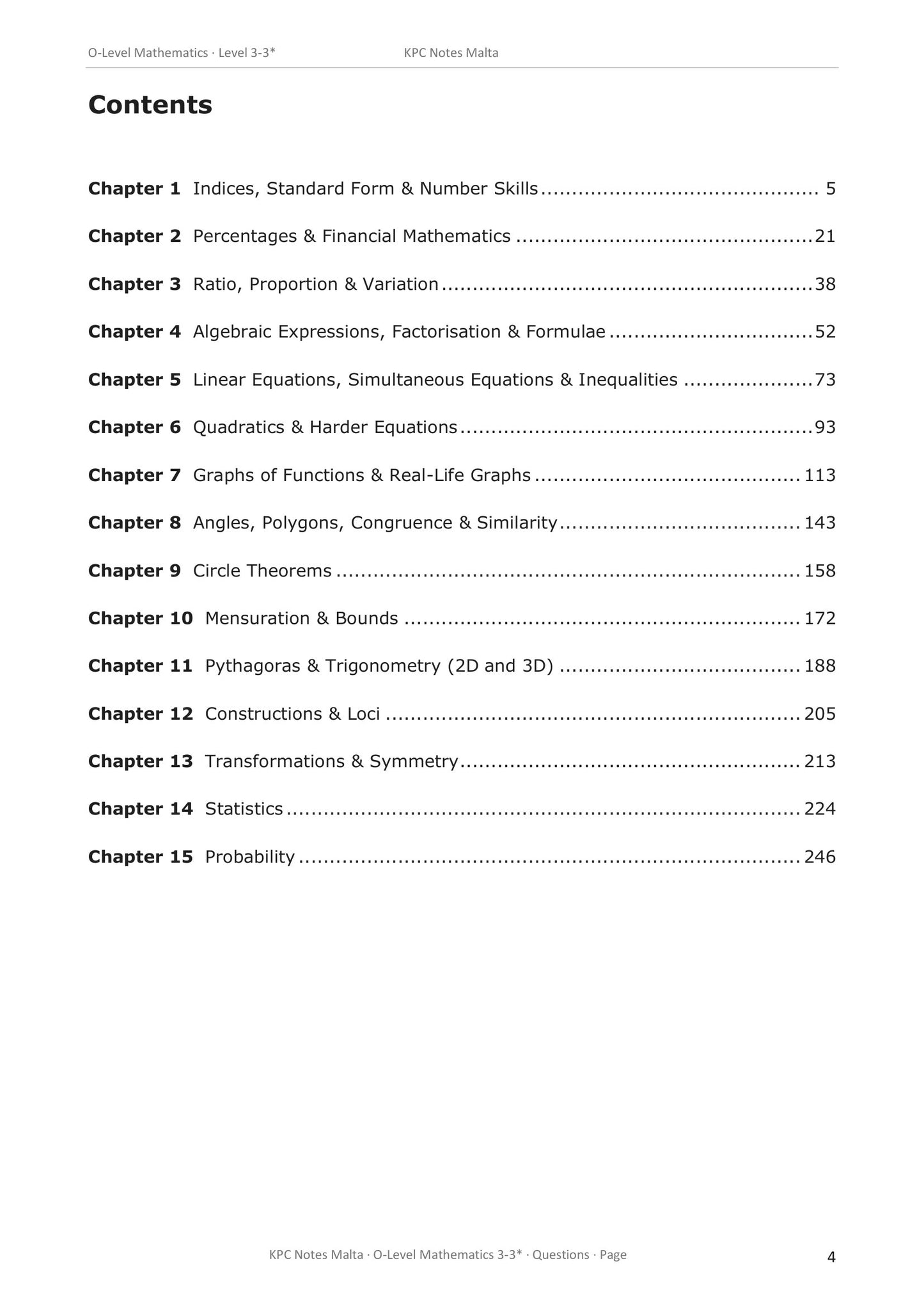 Contents: all 15 chapters across the four syllabus strands (page 4)