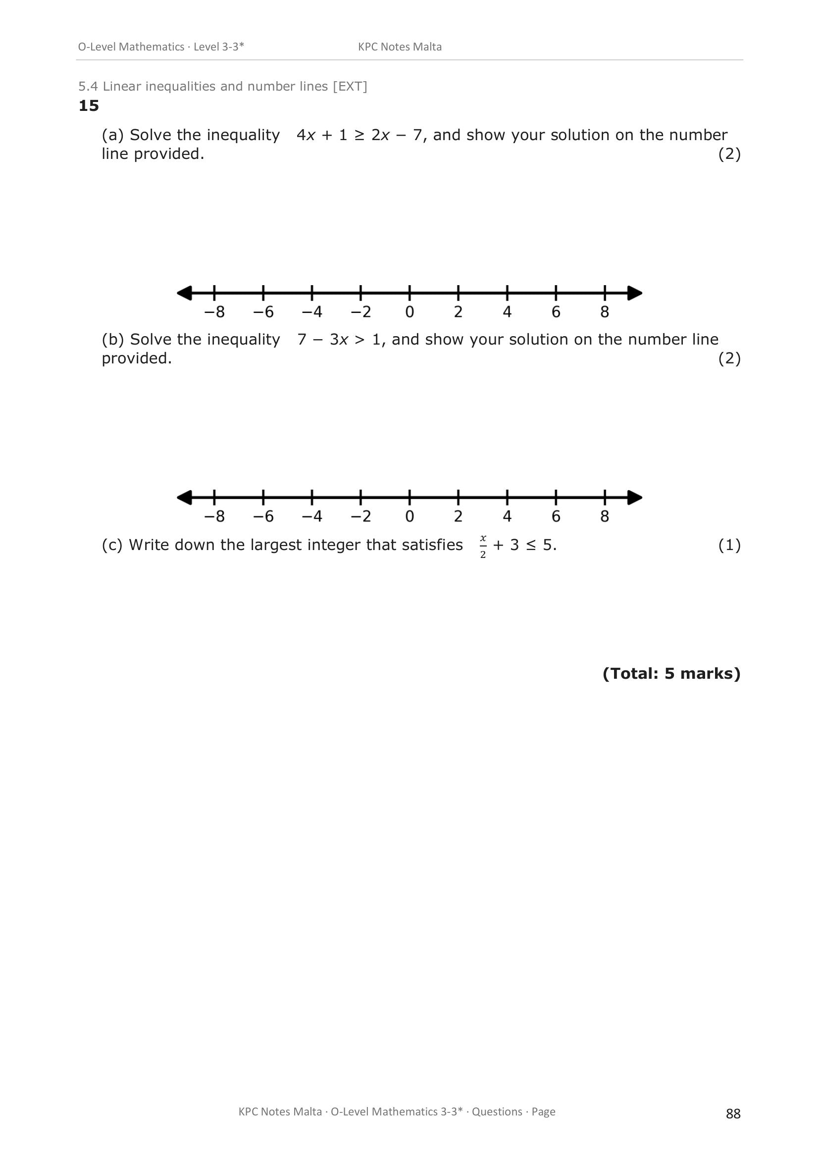 Algebra: solving linear inequalities and showing them on a number line (page 88)