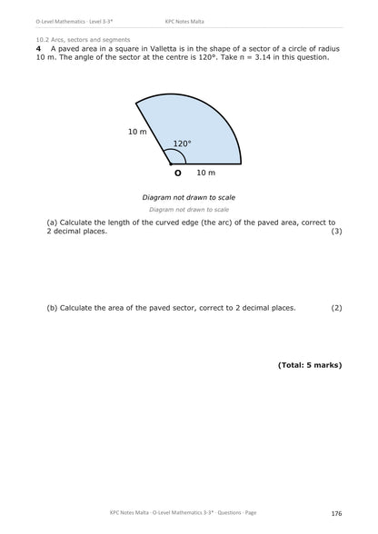 Shape, space and measures: arc length and area of a sector, set in a Valletta square (page 176)