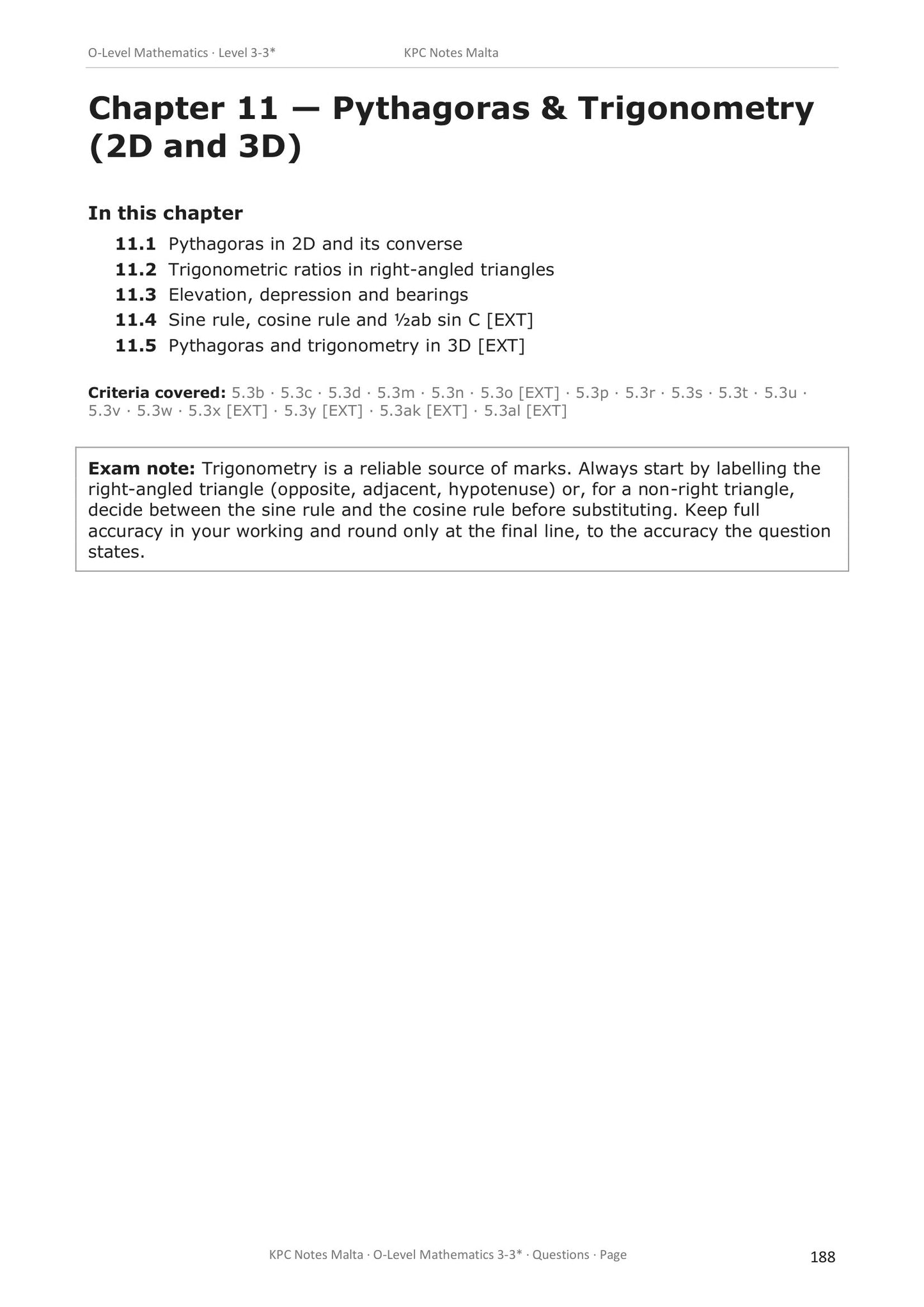Shape, space and measures: a chapter opener listing subtopics, the syllabus criteria covered and an exam note (page 188)