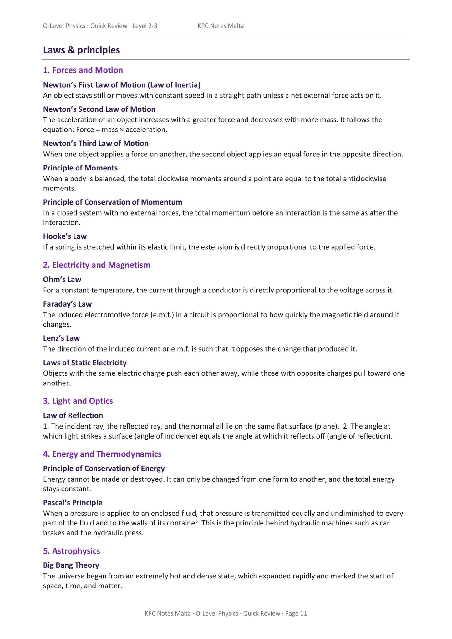 Quick Review Booklet: all 14 named laws and principles, one sentence each (page 11)