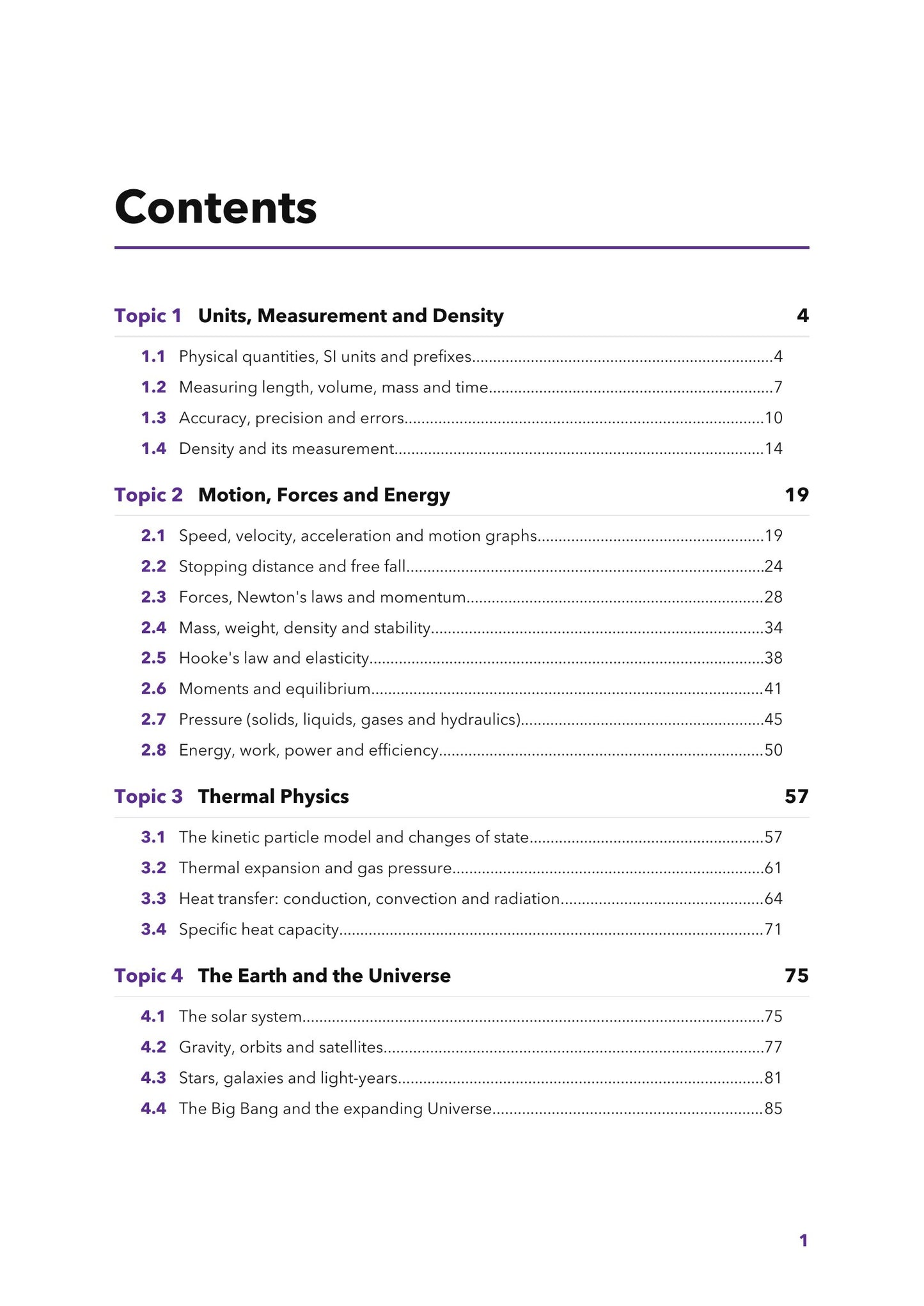 Contents: topics 1 to 4, with every sub-section and its page number