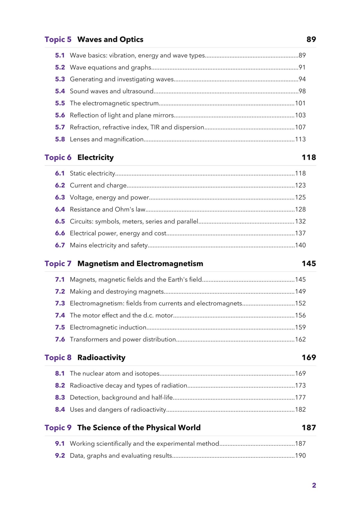 Contents: topics 5 to 9, with every sub-section and its page number