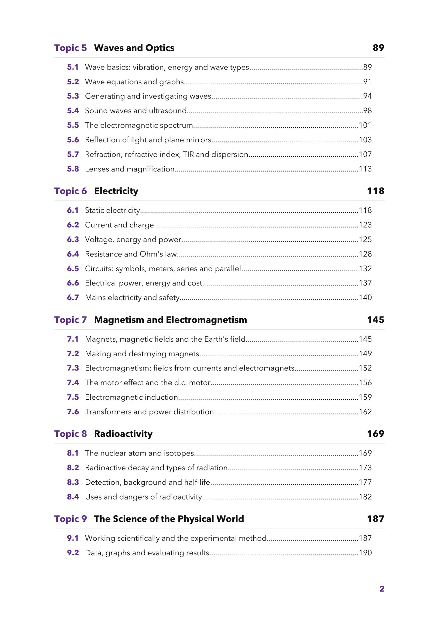 Contents: topics 5 to 9, with every sub-section and its page number