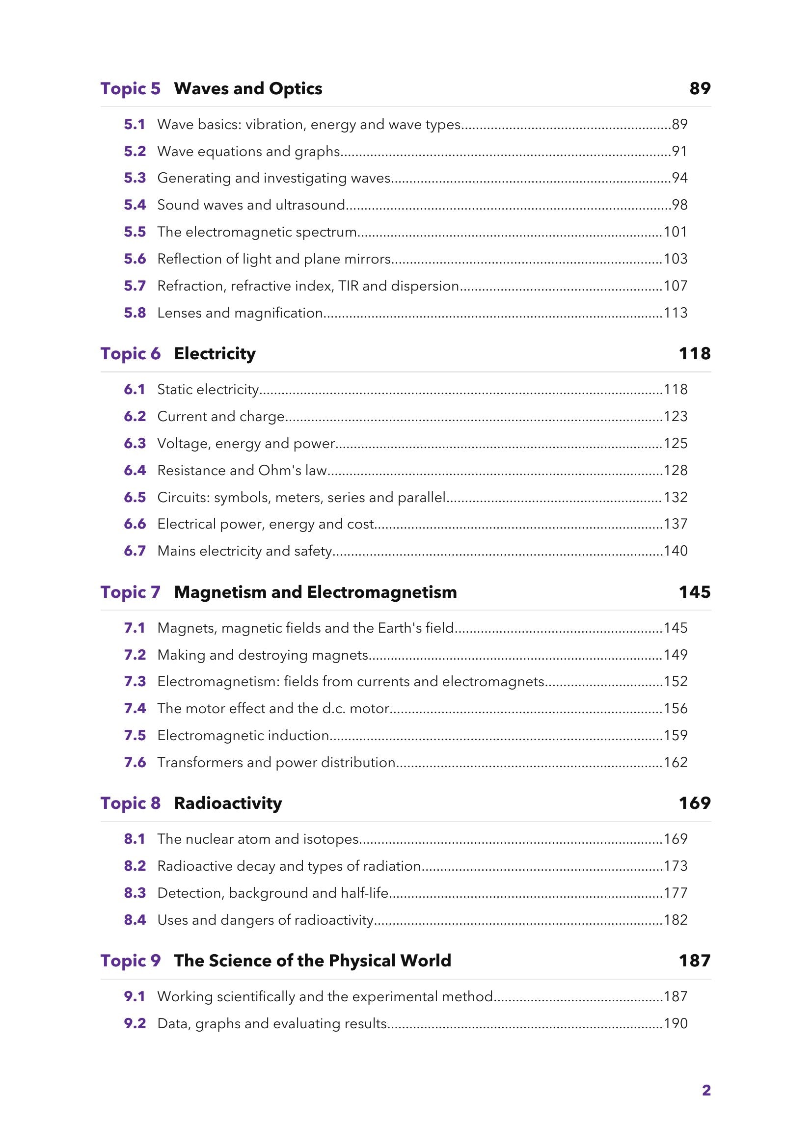 Contents: topics 5 to 9, with every sub-section and its page number