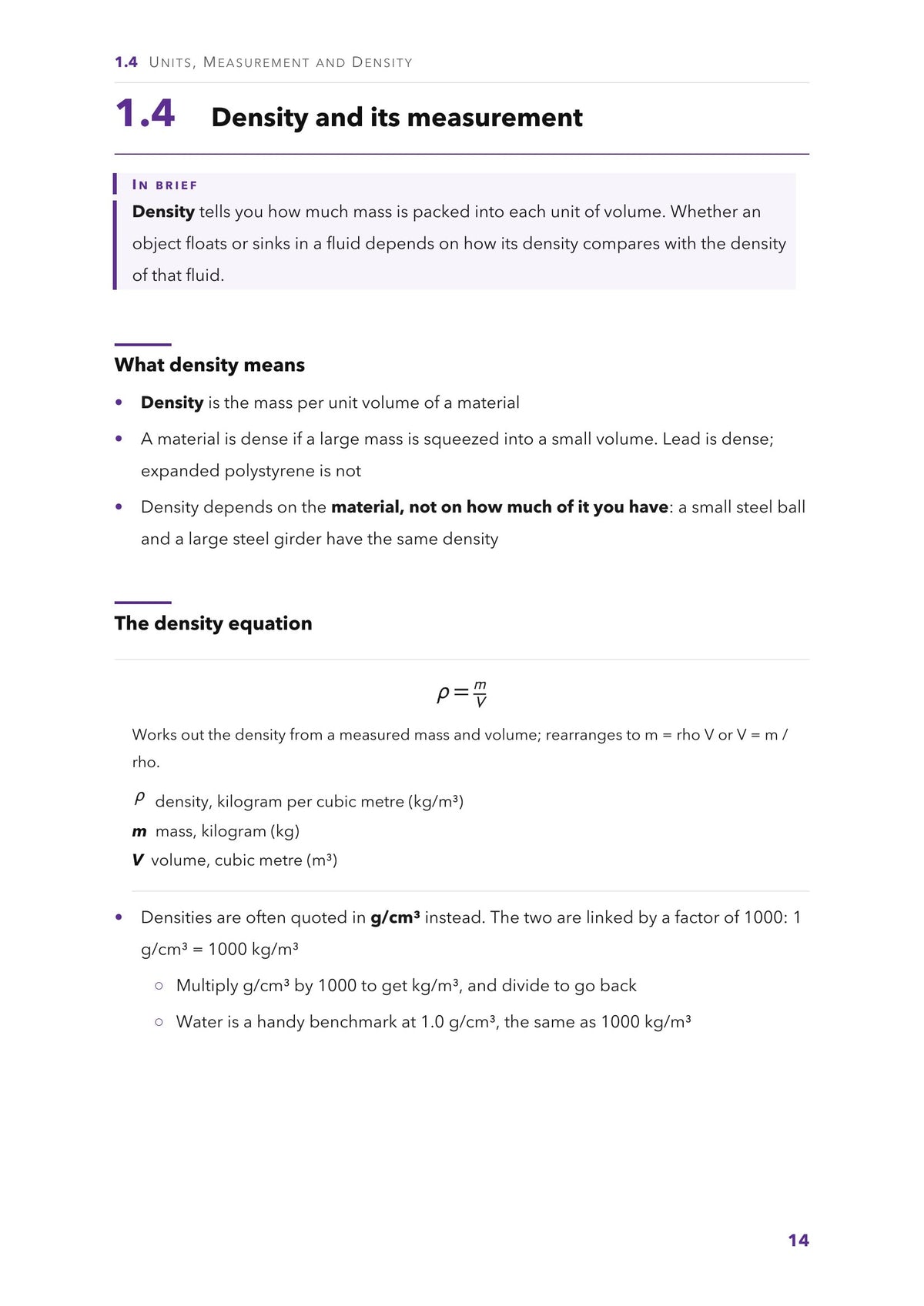 Units, measurement and density: the density equation, with every symbol and unit defined (page 14)