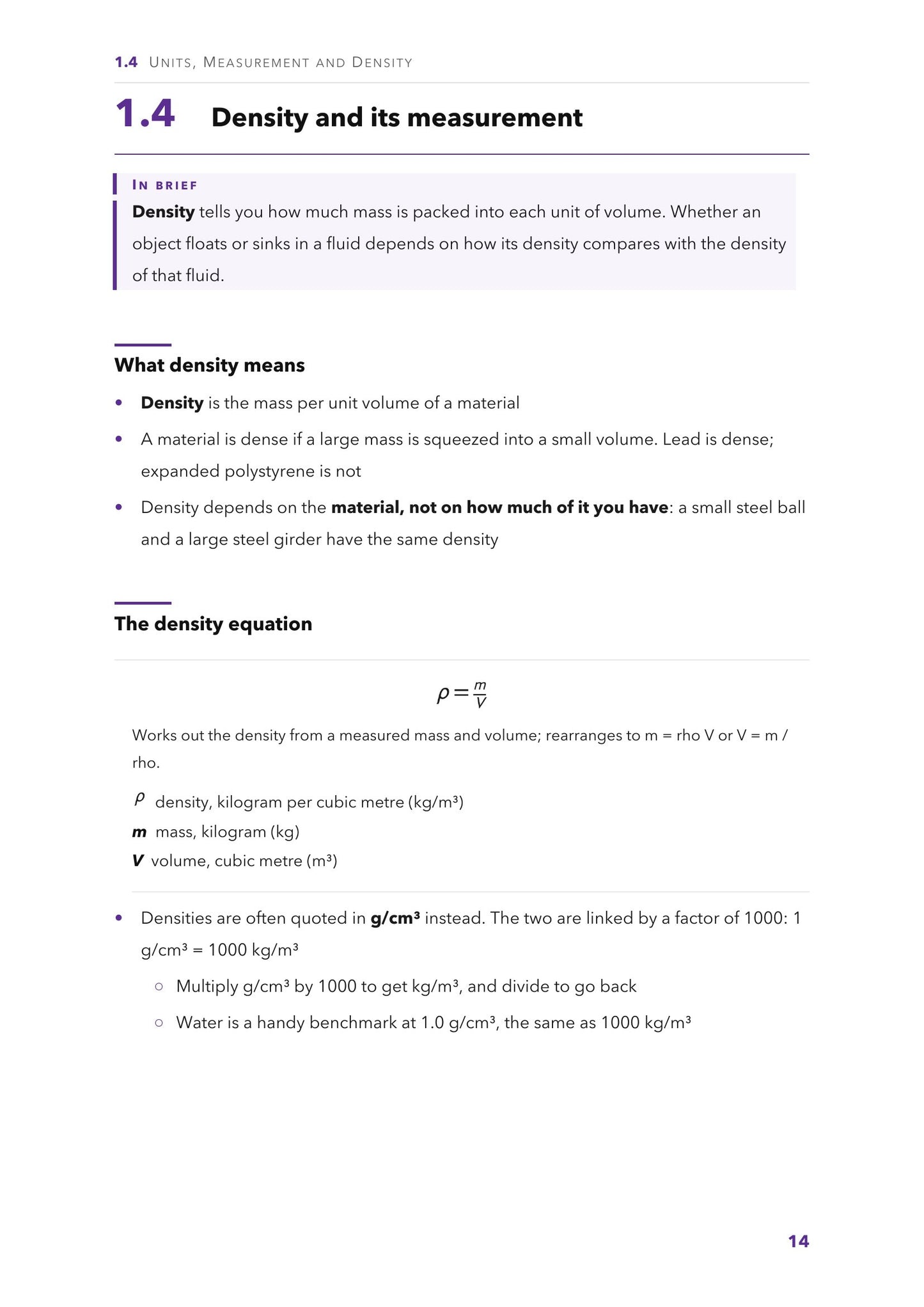 Units, measurement and density: the density equation, with every symbol and unit defined (page 14)