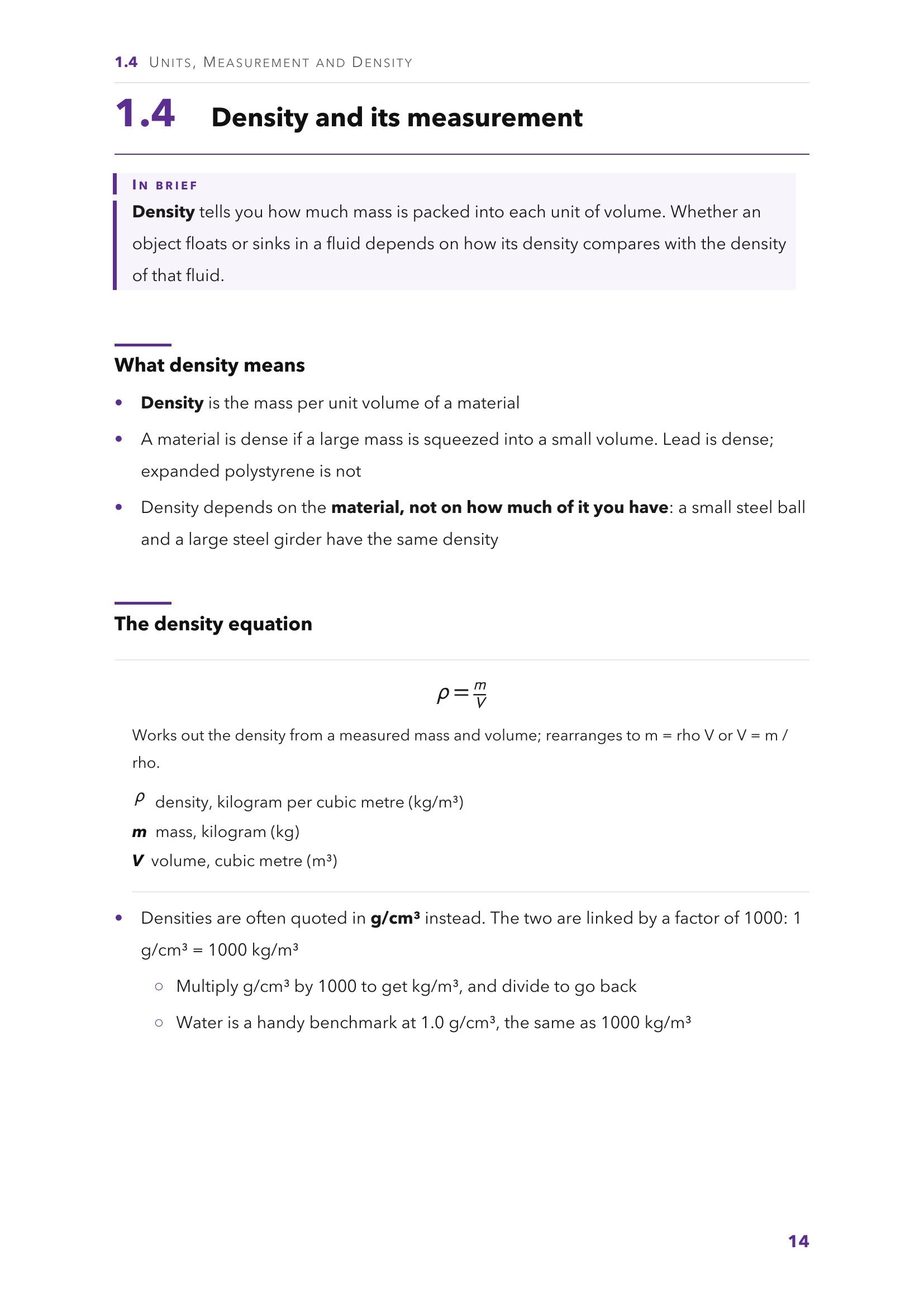 Units, measurement and density: the density equation, with every symbol and unit defined (page 14)