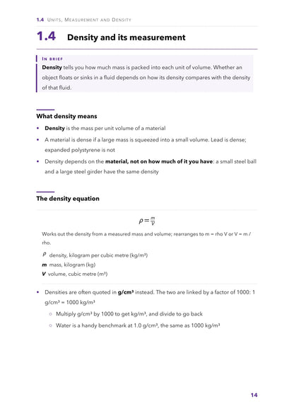 Units, measurement and density: the density equation, with every symbol and unit defined (page 14)