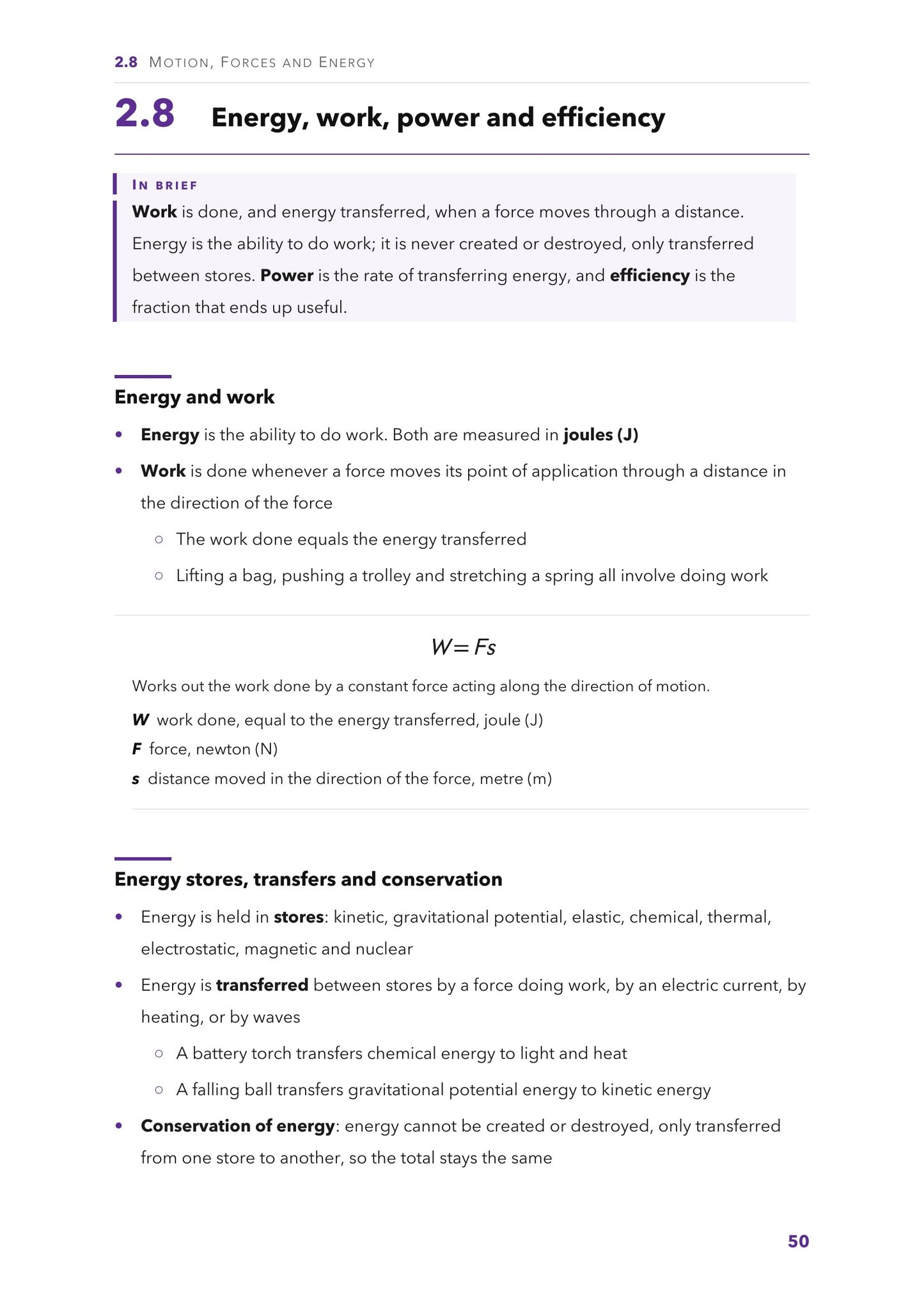Motion, forces and energy: work, energy stores and conservation of energy (page 50)