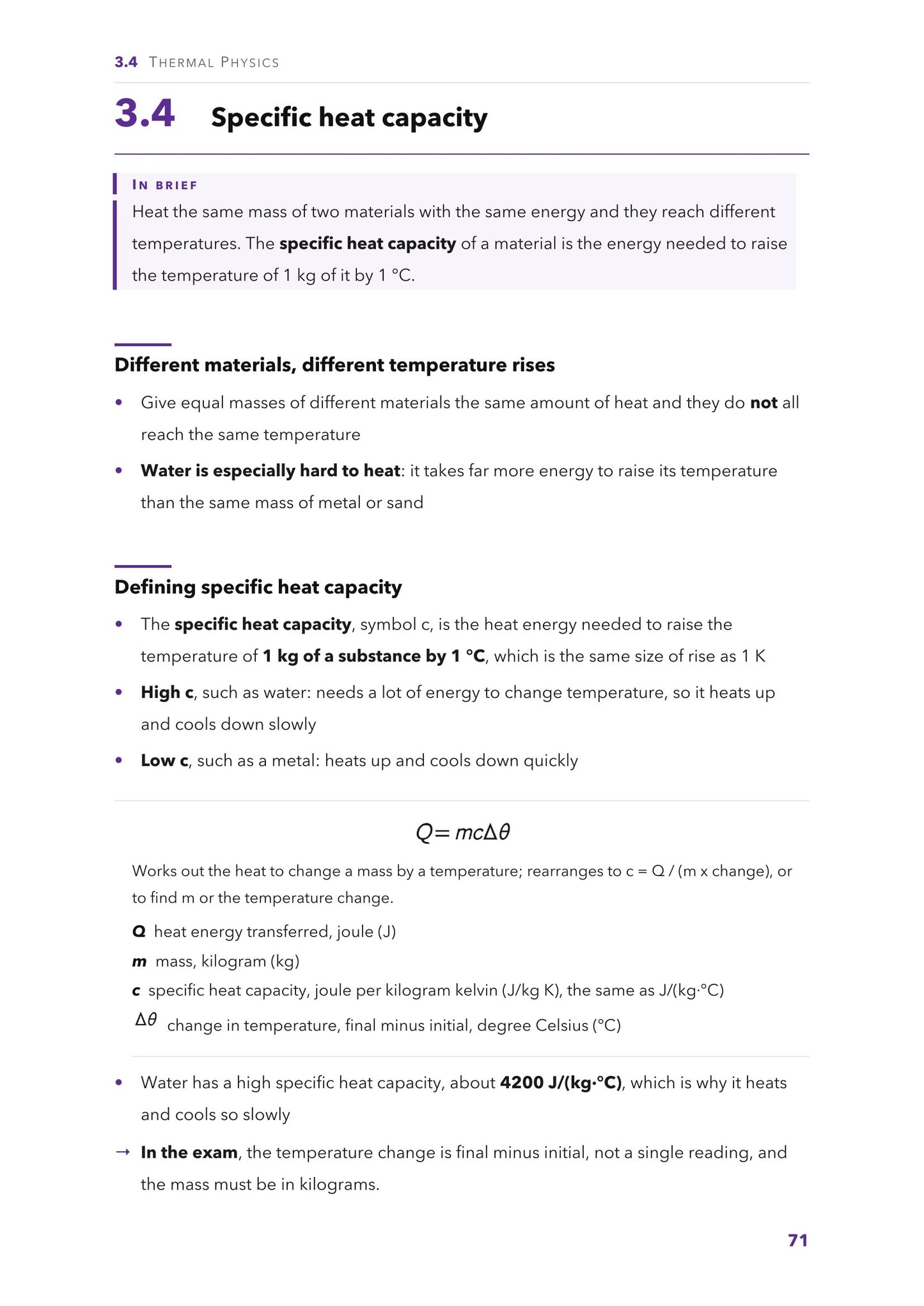 Thermal physics: specific heat capacity, with the Q = mcΔθ equation box (page 71)