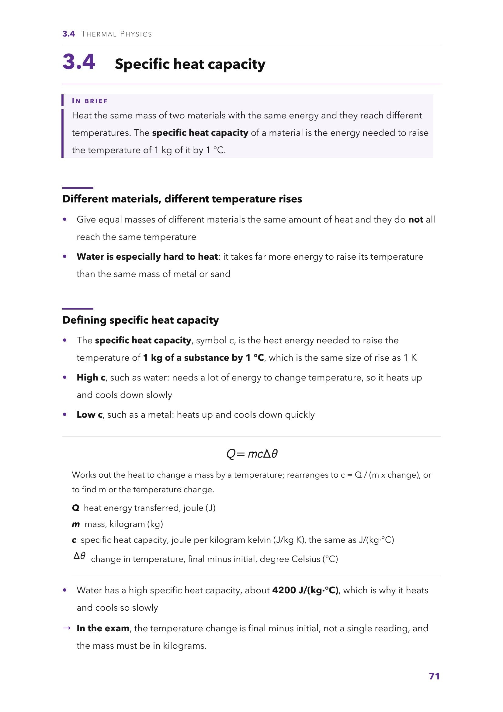 Thermal physics: specific heat capacity, with the Q = mcΔθ equation box (page 71)