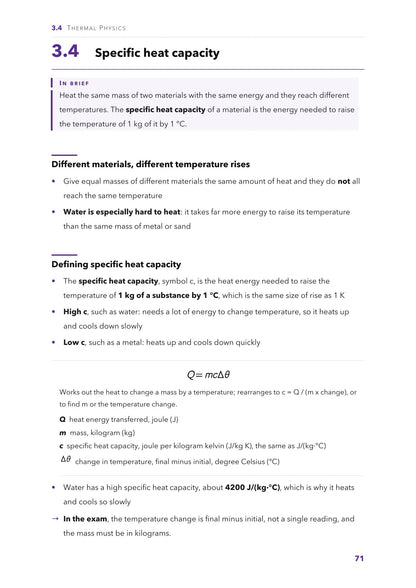 Thermal physics: specific heat capacity, with the Q = mcΔθ equation box (page 71)