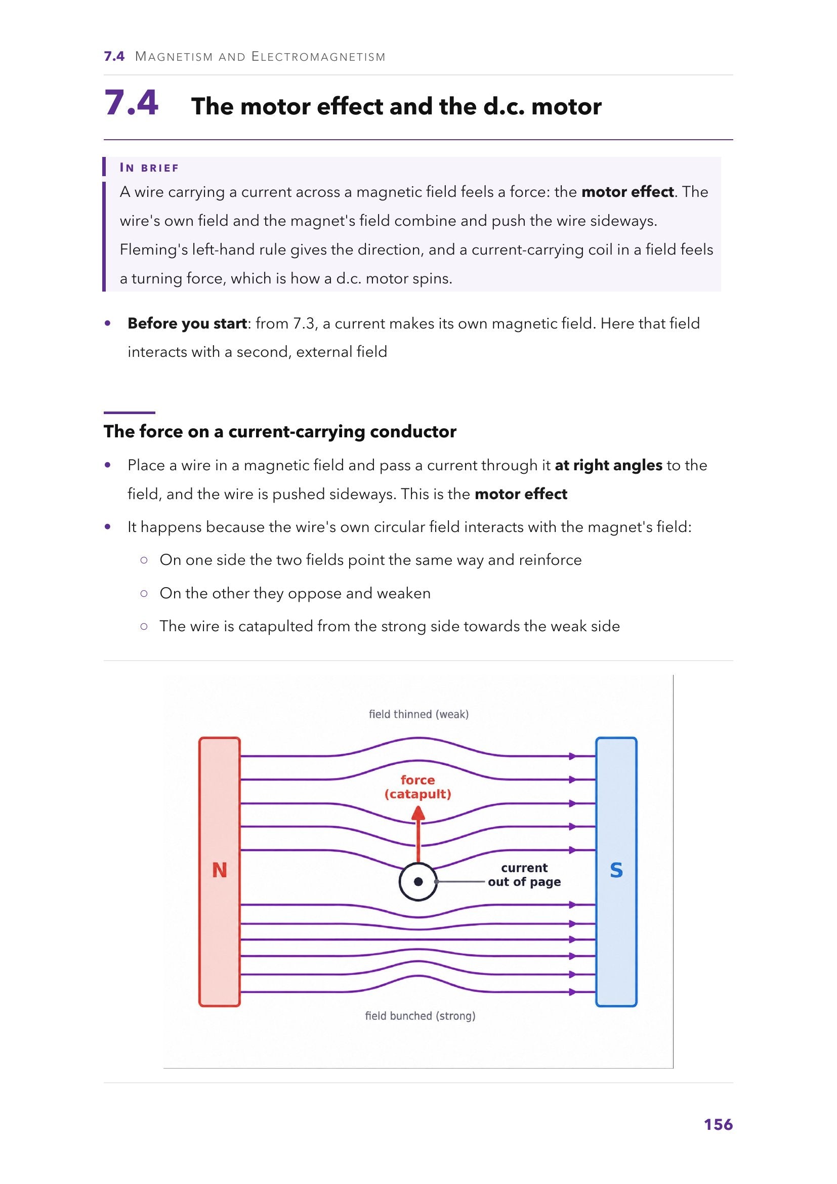 Magnetism and electromagnetism: the motor effect, with the catapult field diagram (page 156)