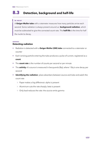 Radioactivity: detecting radiation, background count and half-life (page 177)