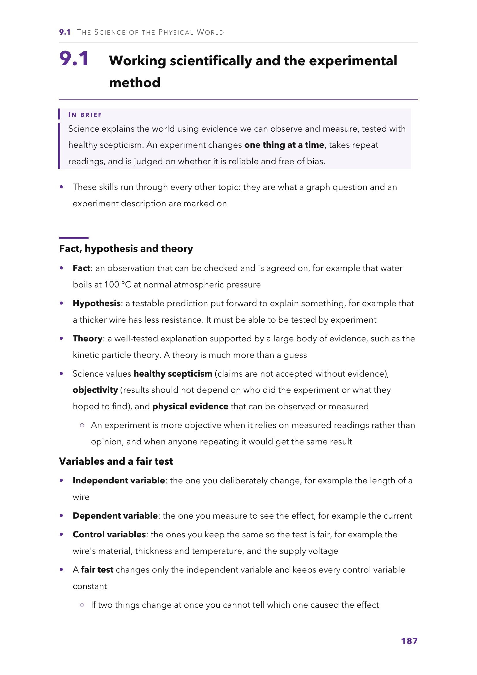 The science of the physical world: variables, fair tests and the experimental method (page 187)