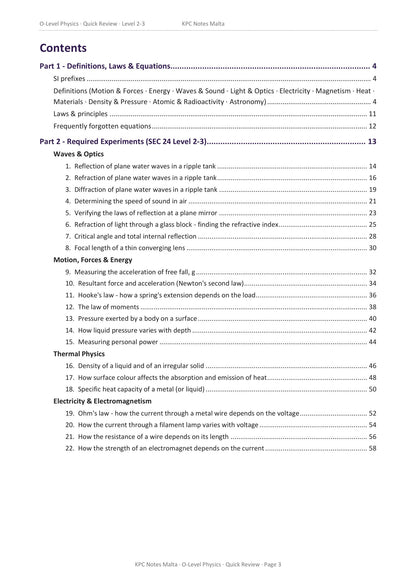 Contents: Part 1 definitions, laws and equations, then Part 2's 22 required experiments (page 3)