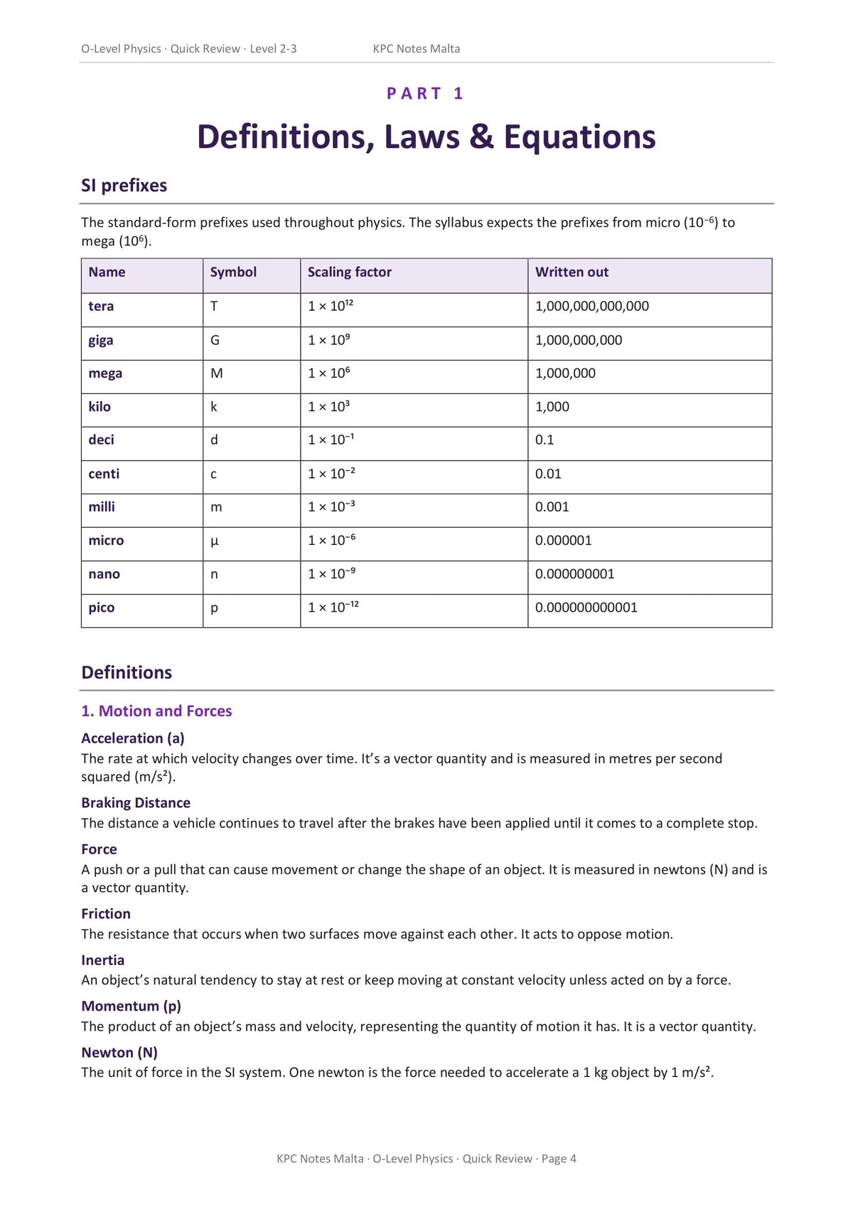 Definitions, laws and equations: the SI prefix table, then the motion and forces definitions (page 4)