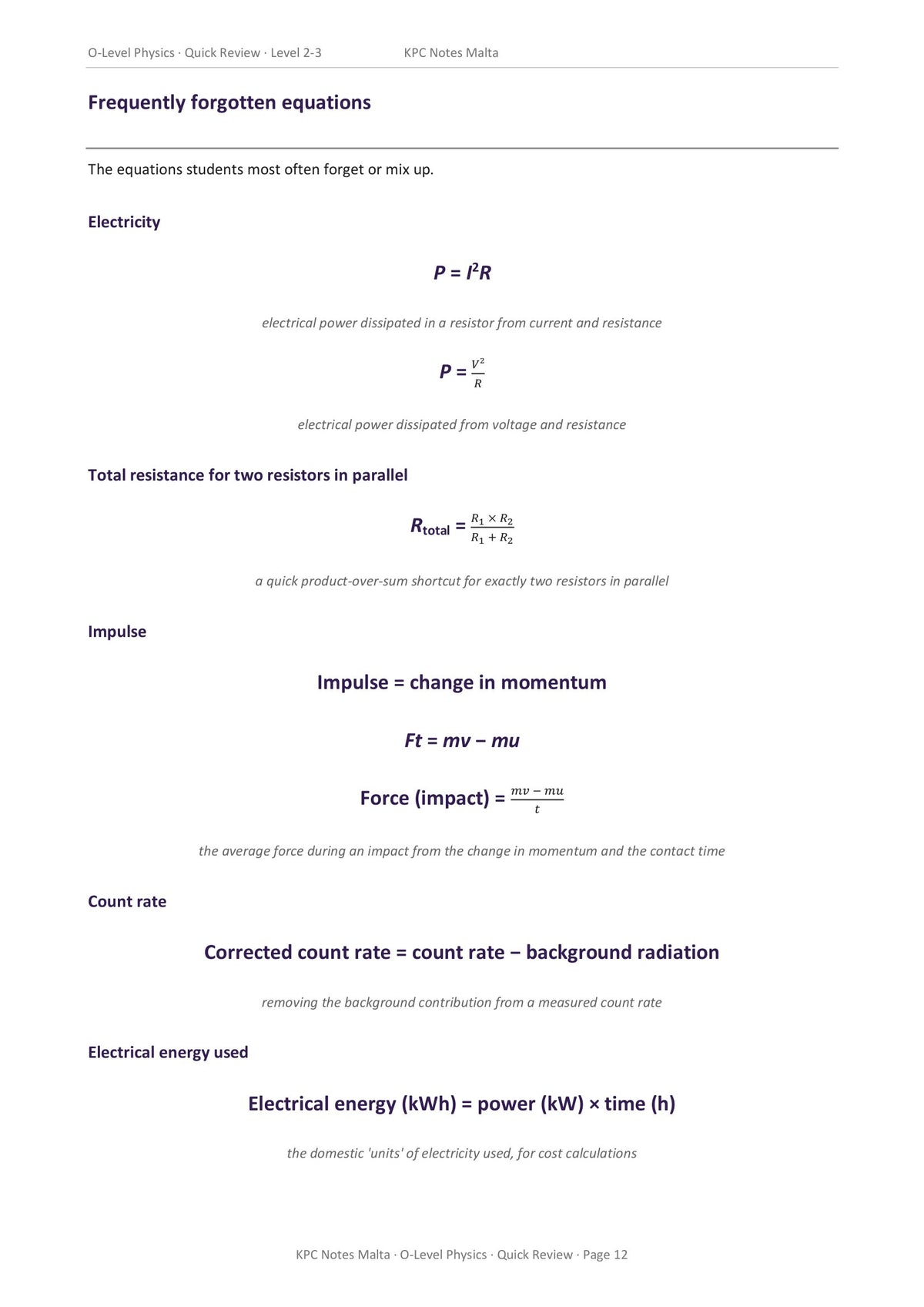 Definitions, laws and equations: the frequently forgotten equations page (page 12)