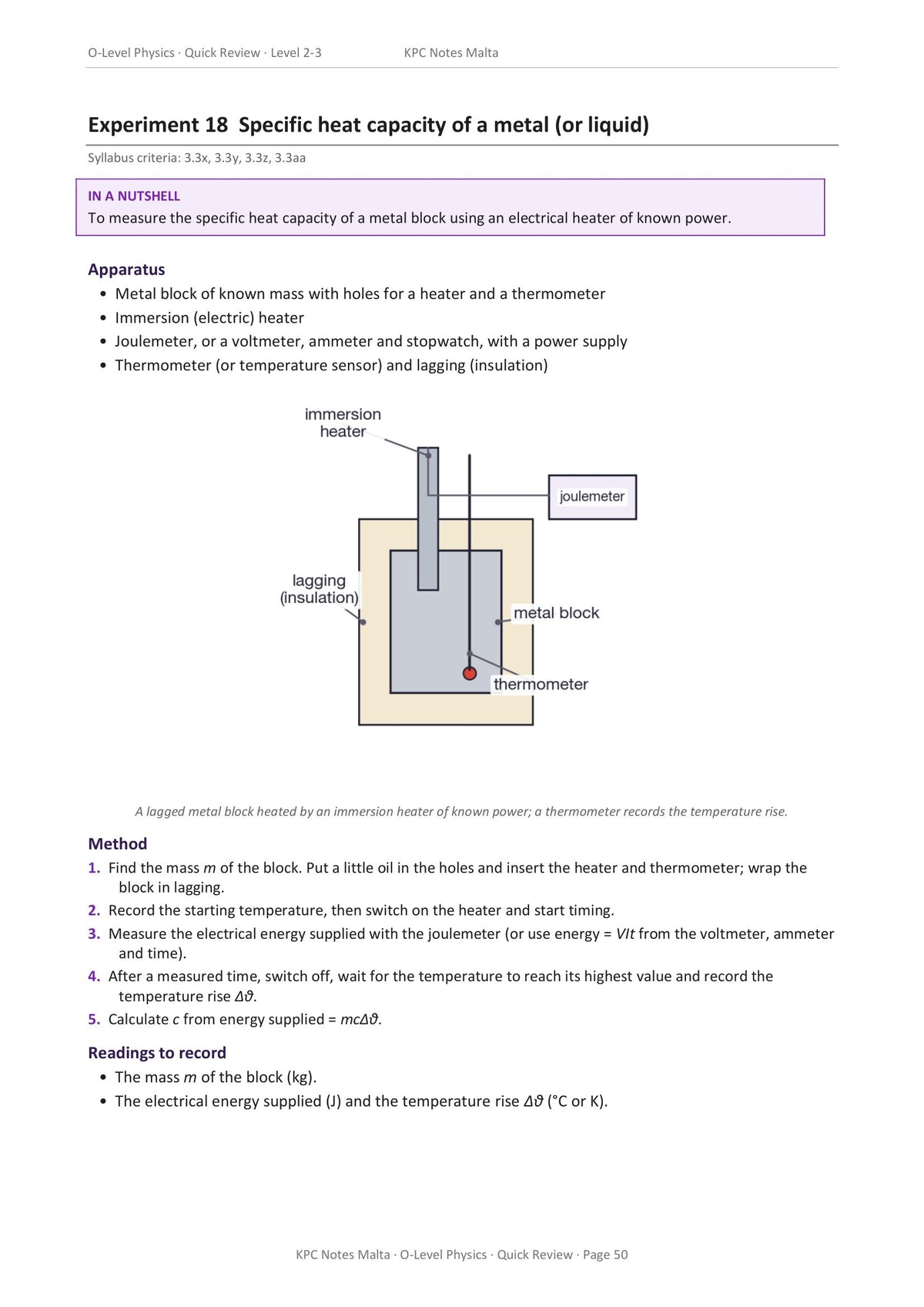 Required experiments: specific heat capacity of a metal, apparatus, method and readings (page 50)