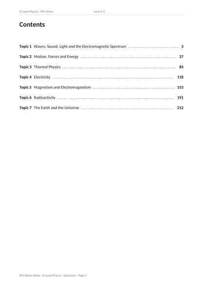Contents: the seven topics of the question book with page numbers (page 2)