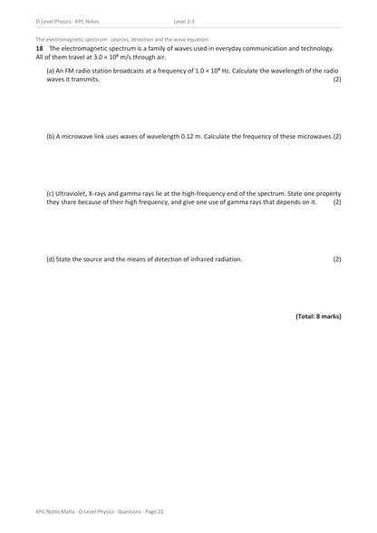Questions: electromagnetic spectrum calculations with the wave equation, 8 marks (page 22)