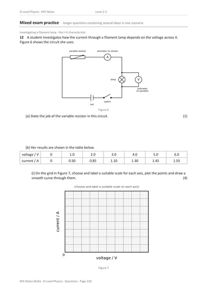 Questions: the I-V characteristic of a filament lamp, circuit and readings (page 130)