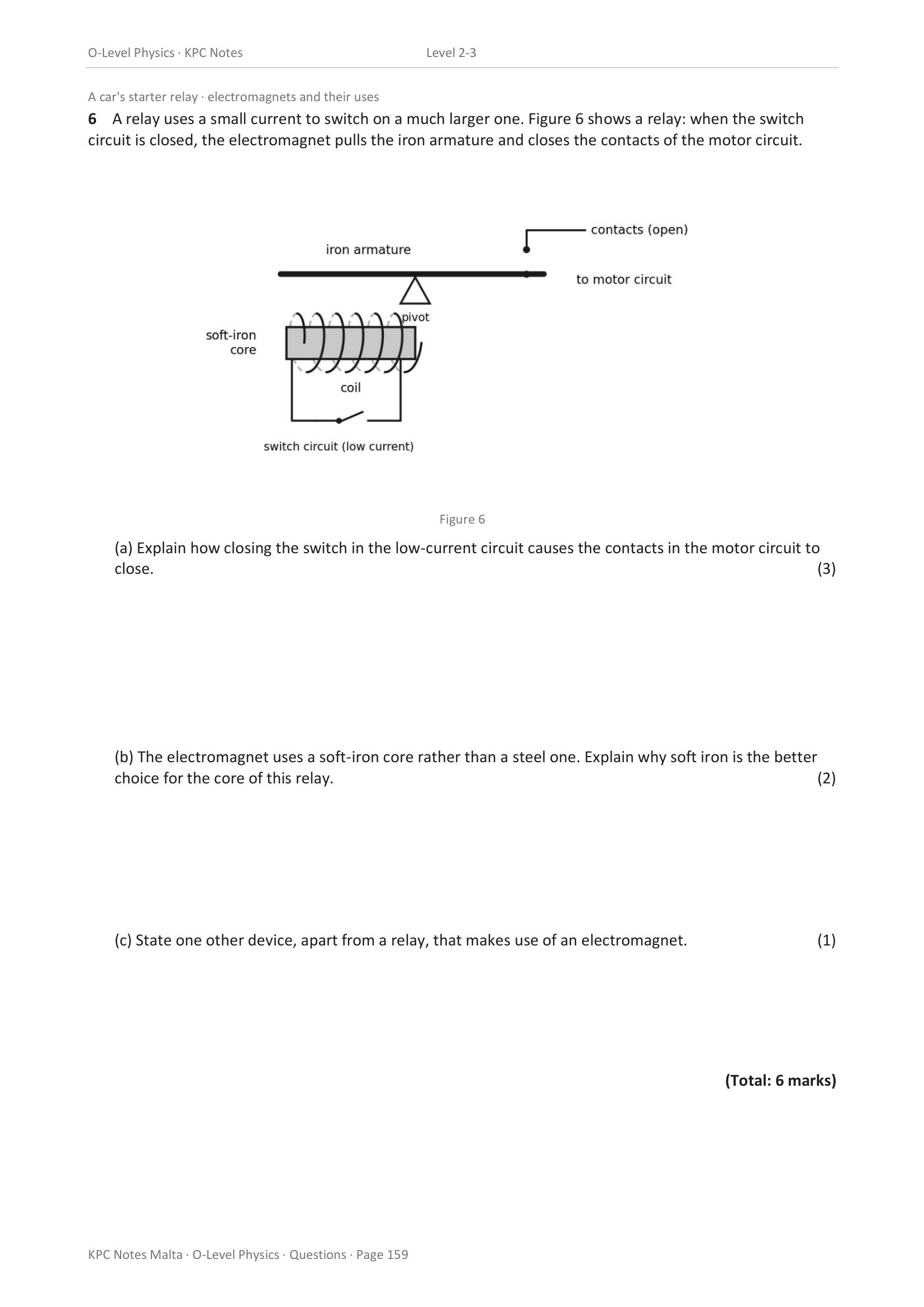 Questions: a car starter relay, how an electromagnet switches a second circuit (page 159)