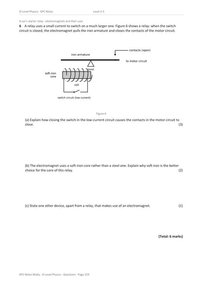 Questions: a car starter relay, how an electromagnet switches a second circuit (page 159)