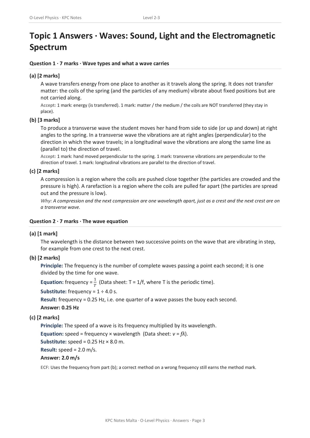 Answers: worked solutions with the mark scheme spelled out under each part (page 3)