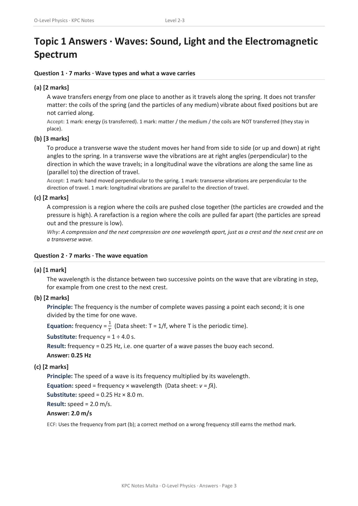 Answers: worked solutions with the mark scheme spelled out under each part (page 3)