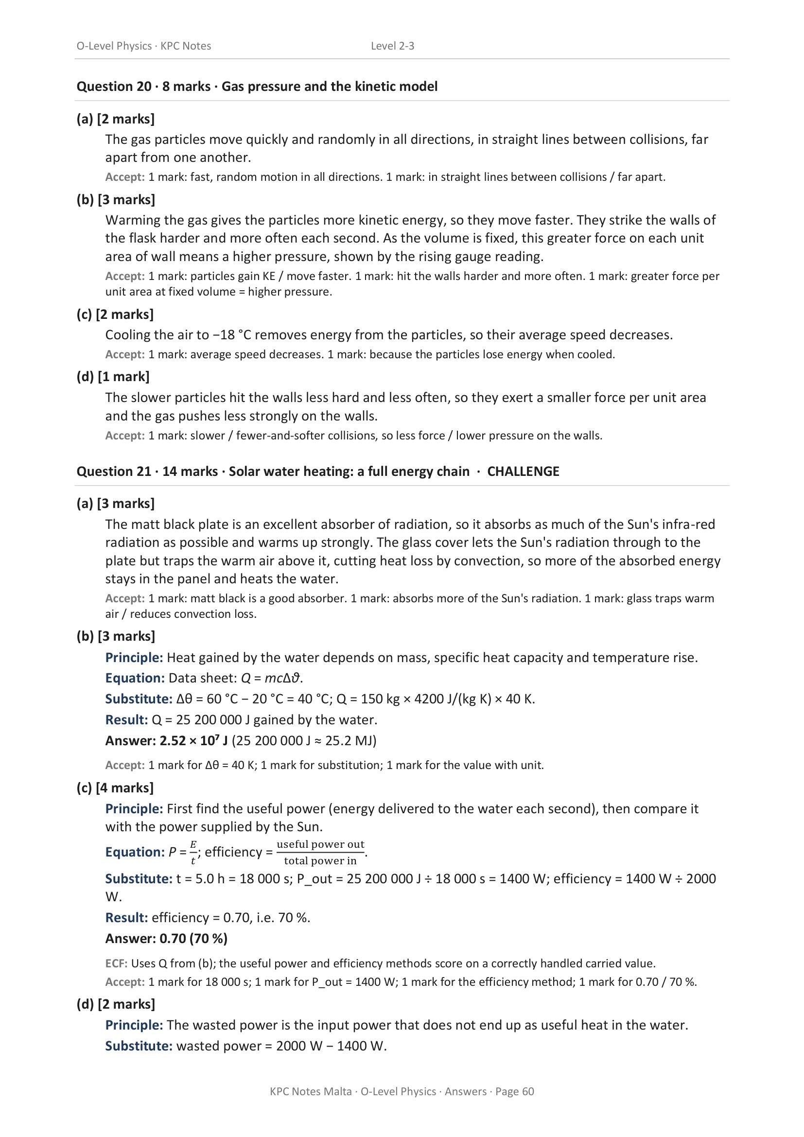Answers: a 14-mark Challenge question on a solar water heater, worked end to end (page 60)
