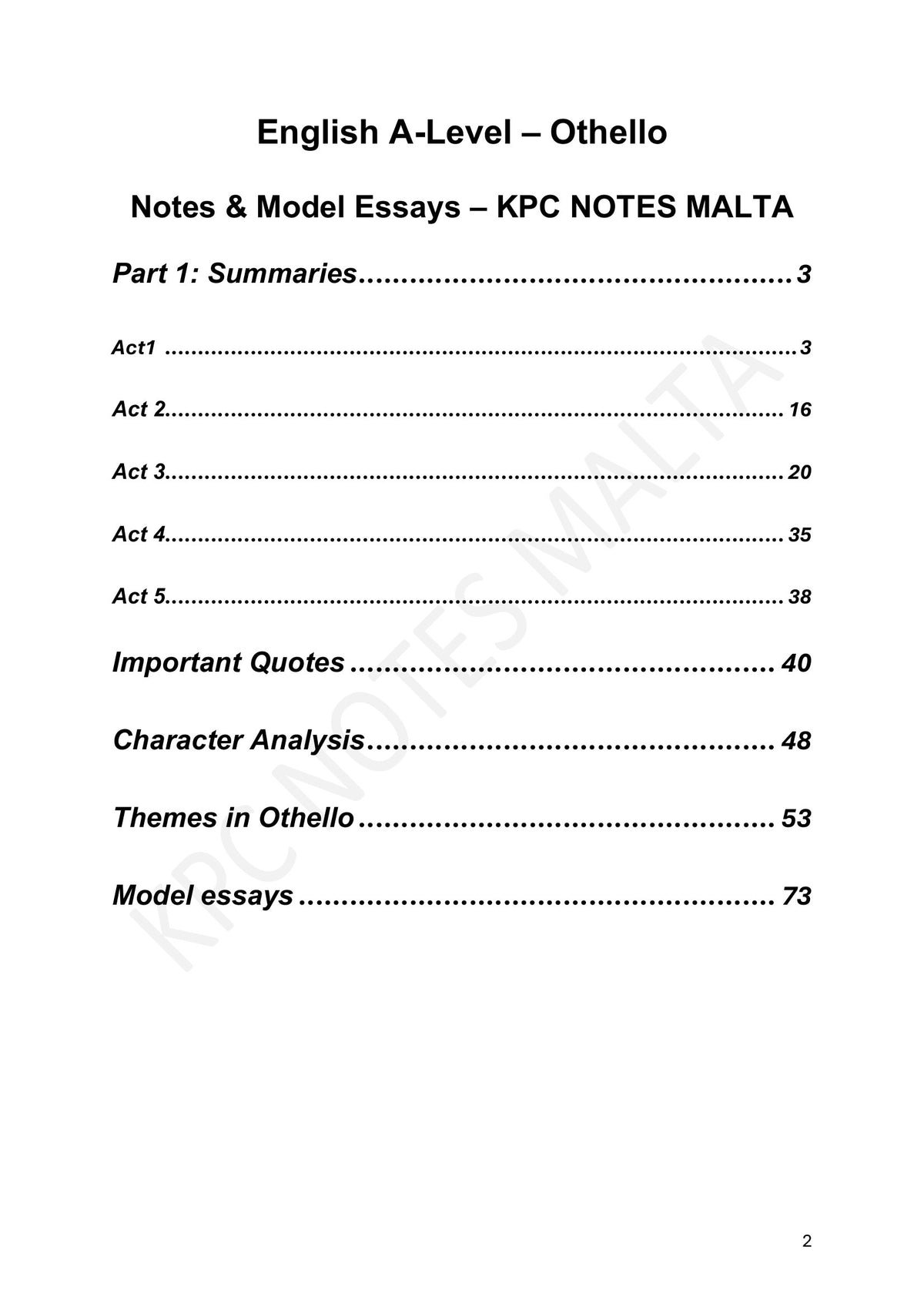 Contents: table of contents, summaries through to model essays (page 2)