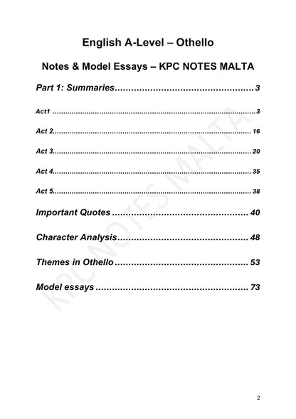Contents: table of contents, summaries through to model essays (page 2)