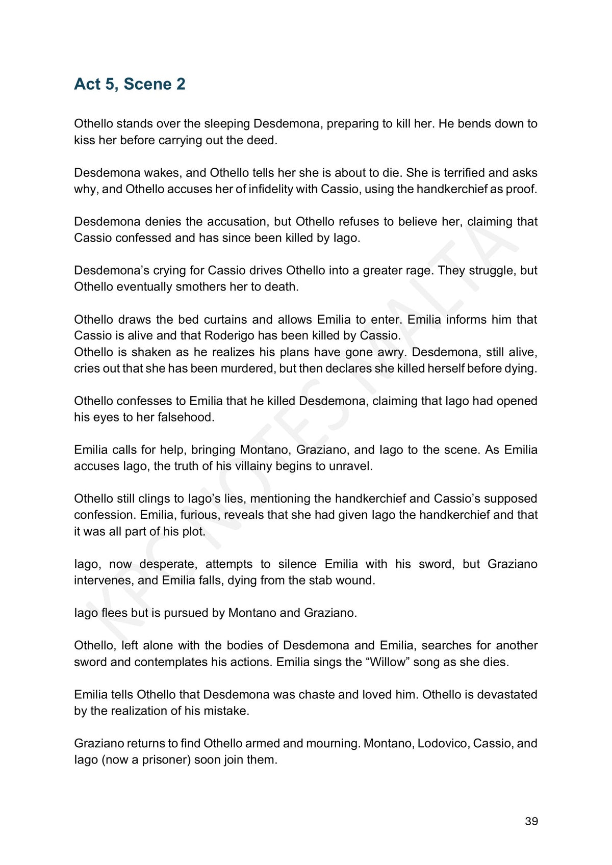 Part 1 – Summaries: Act 5 Scene 2, the murder and the unravelling of Iago (page 39)