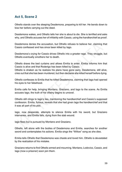 Part 1 – Summaries: Act 5 Scene 2, the murder and the unravelling of Iago (page 39)