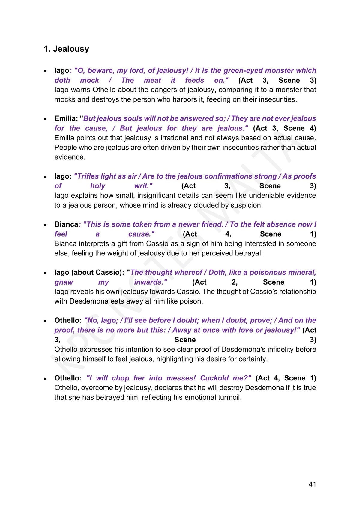 Important Quotes: jealousy, with the act and scene for each quotation (page 41)