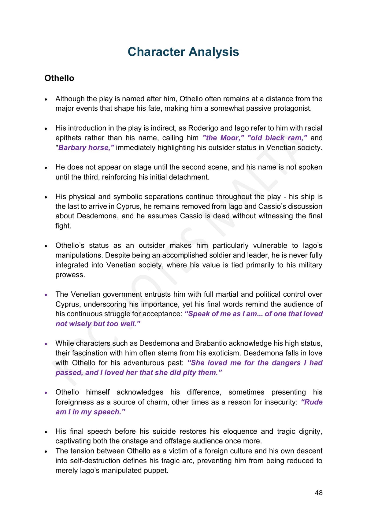 Character Analysis: Othello as outsider and passive protagonist (page 48)