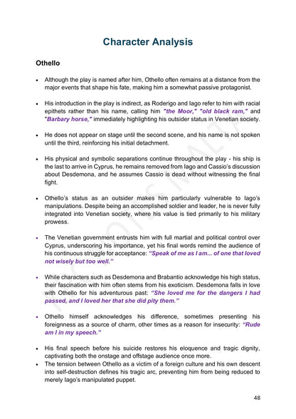 Character Analysis: Othello as outsider and passive protagonist (page 48)