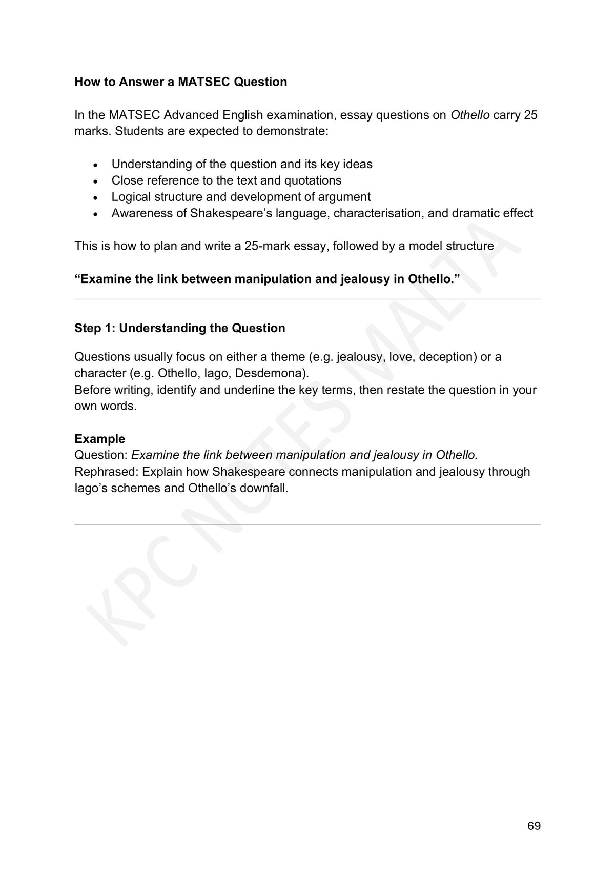 How to Answer a MATSEC Question: planning a 25-mark essay (page 69)