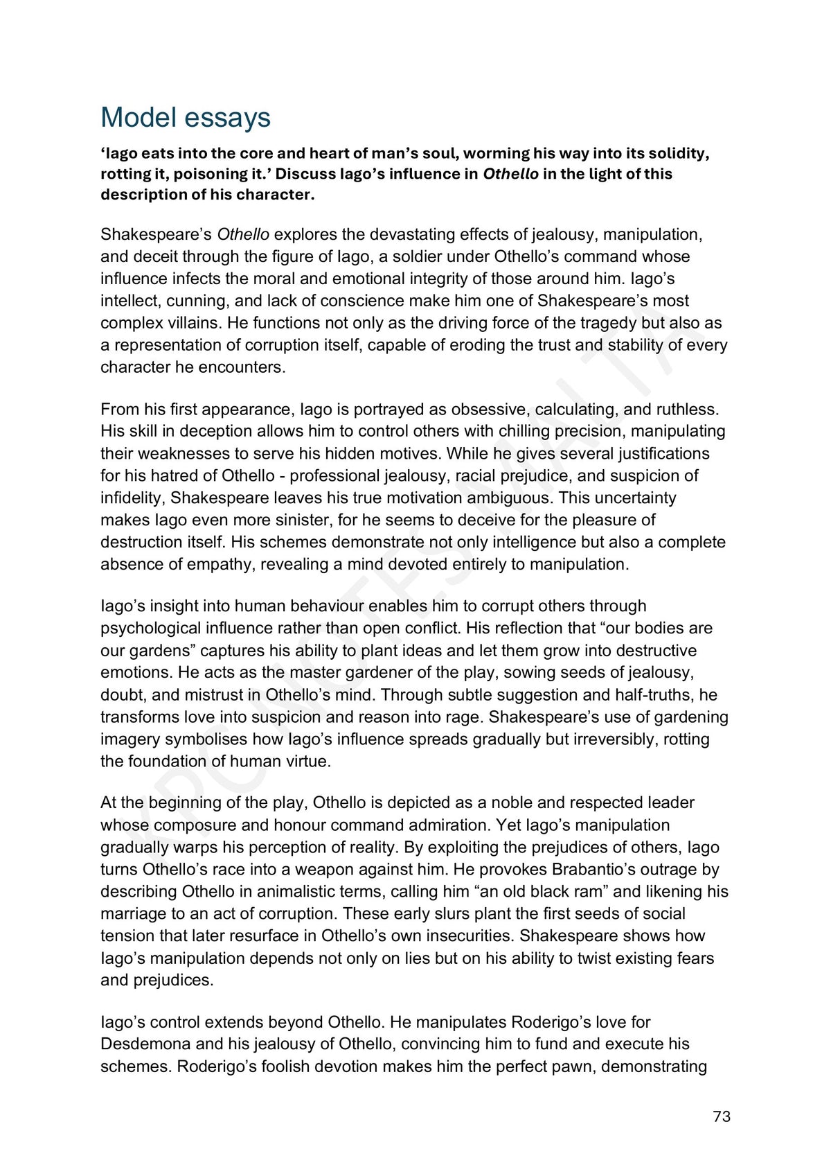 Model Essays: Iago's influence on the moral world of the play (page 73)