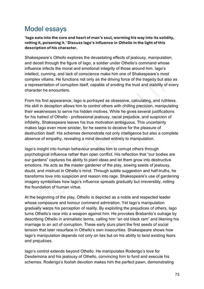 Model Essays: Iago's influence on the moral world of the play (page 73)