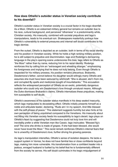 Model Essays: how Othello's outsider status contributes to his downfall (page 91)