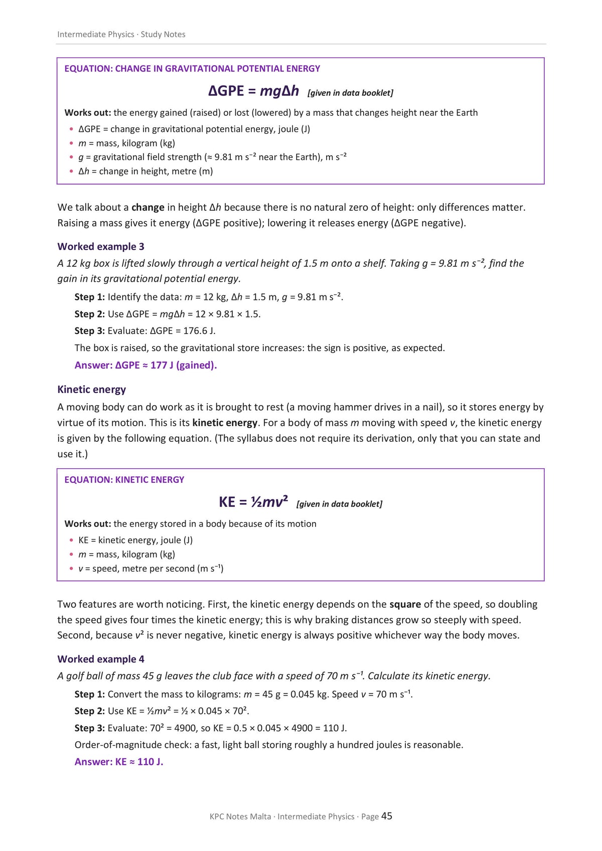Mechanics: gravitational potential energy and kinetic energy, with worked examples (page 45)